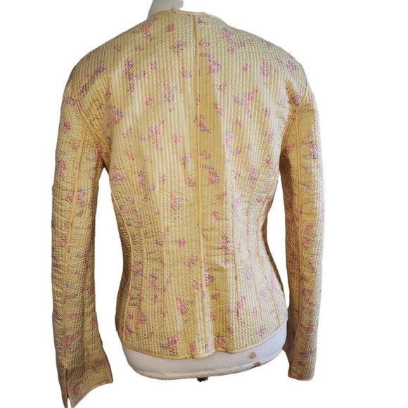 Womens Sz‎ Medium 8 Yellow Floral Quilted Jacket Thin Reversible Open Front - Picture 5 of 10